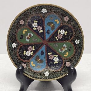 Antique Japanese Cloisonné Enamel Small Floral Butterfly Plate With Stand